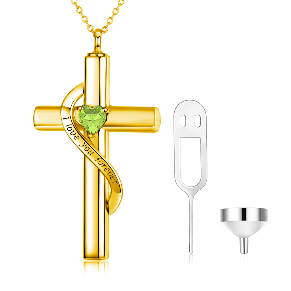 Collar de urna para cenizas con forma de corazón y cruz de oro de 14 quilates con piedra de nacimiento de agosto grabada 