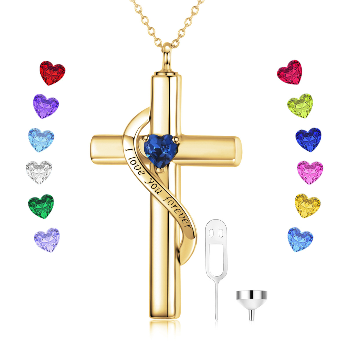 10K Gold Cross & Heart Urn Necklace For Ashes With September Birthstone Engraved I Love You Forever-2