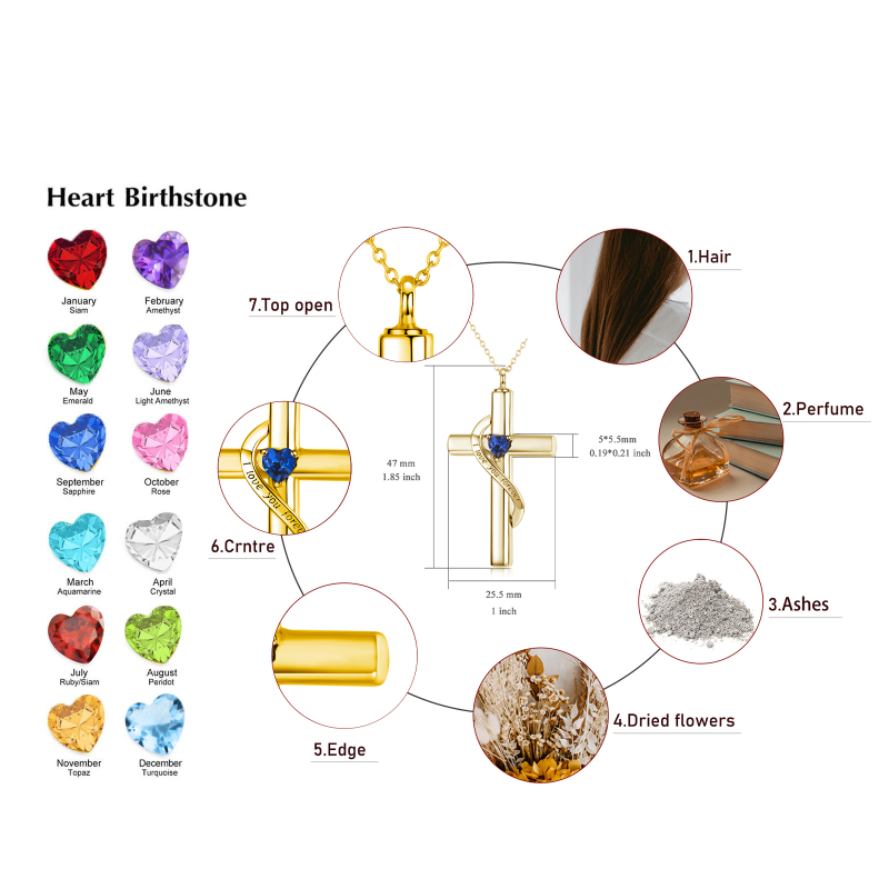 10K Gold Cross & Heart Urn Necklace For Ashes With January Birthstone Engraved I Love You Forever-6