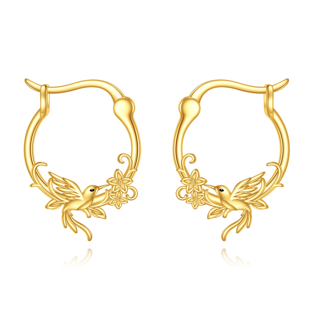 10K Gold Hummingbird Hoop Earrings-1