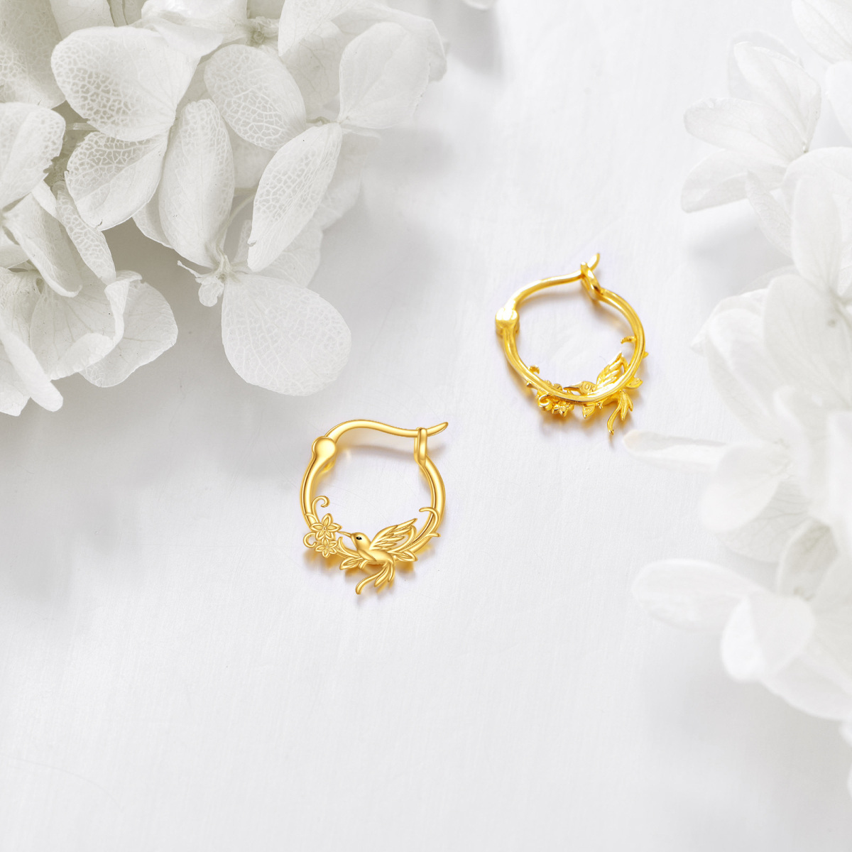 10K Gold Hummingbird Hoop Earrings-3