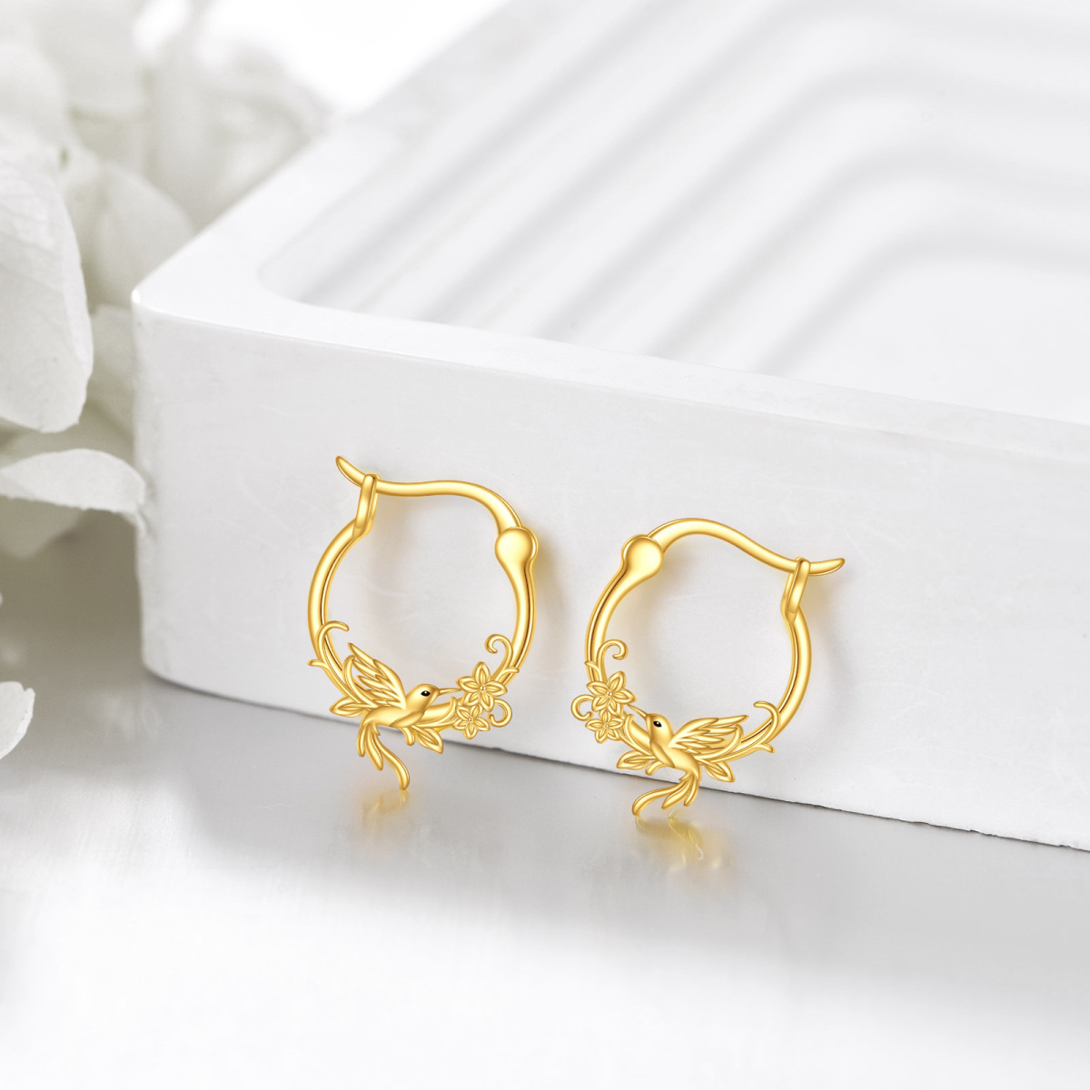 10K Gold Hummingbird Hoop Earrings-4