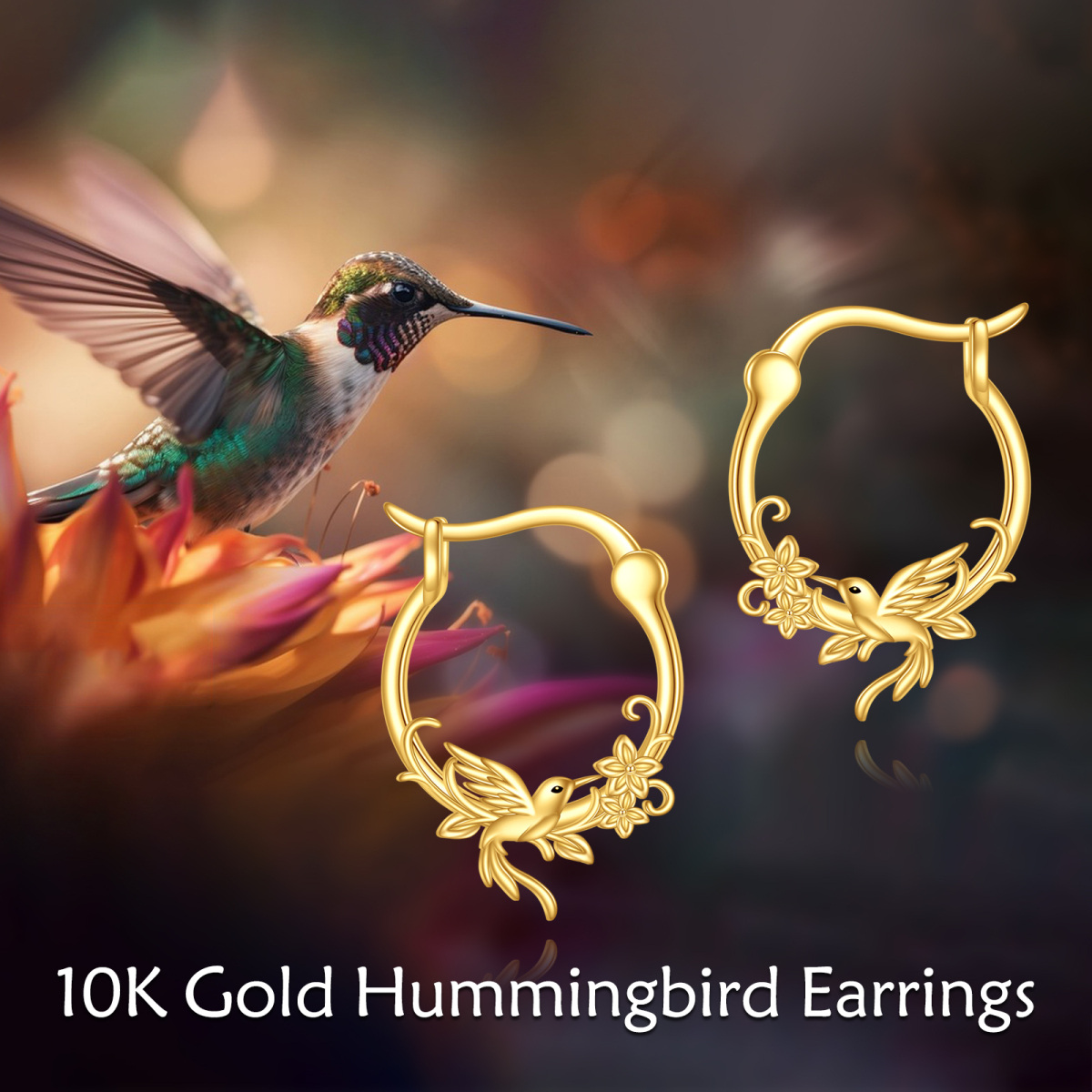 14K Gold Hummingbird Hoop Earrings-6