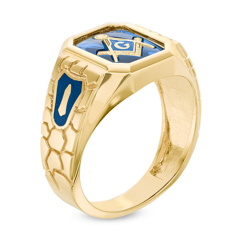 Anello personalizzato da uomo con pepita massonica in zaffiro blu creato in laboratorio in oro bianco 10K-3