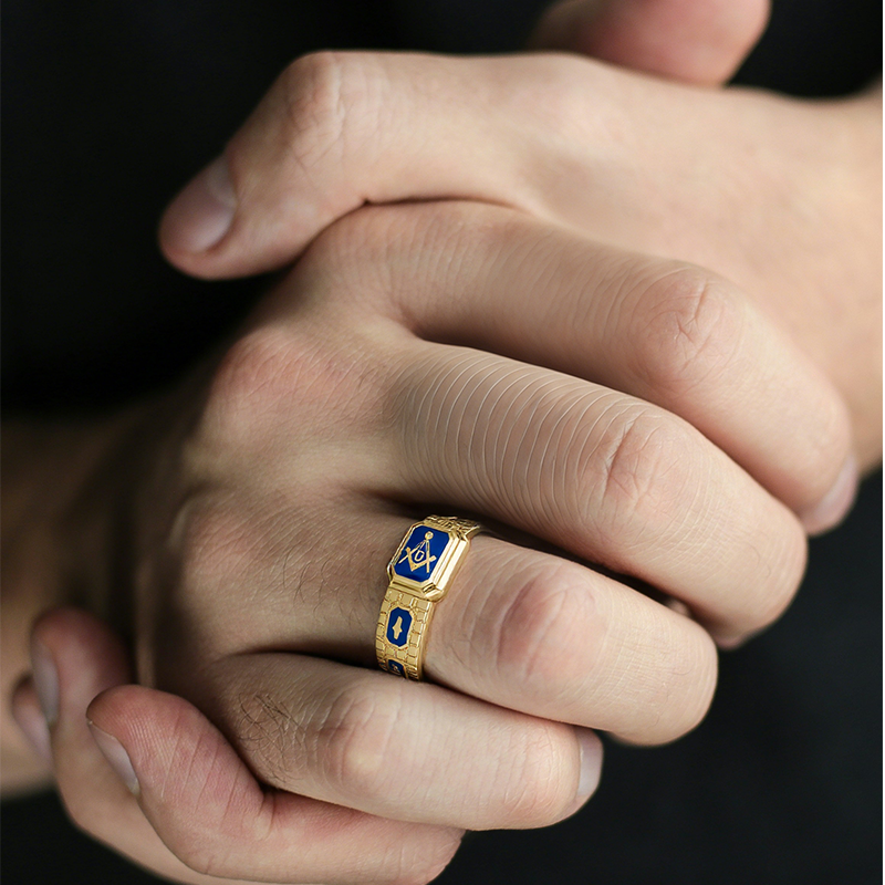 10K Gold Lab-Created Blue Sapphire Masonic Nugget Custom Ring for Men-2