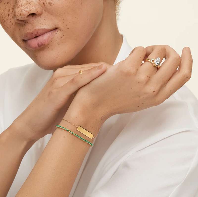 10K White Gold Lab Created Emerald Couple Tennis Chain Bracelet-2