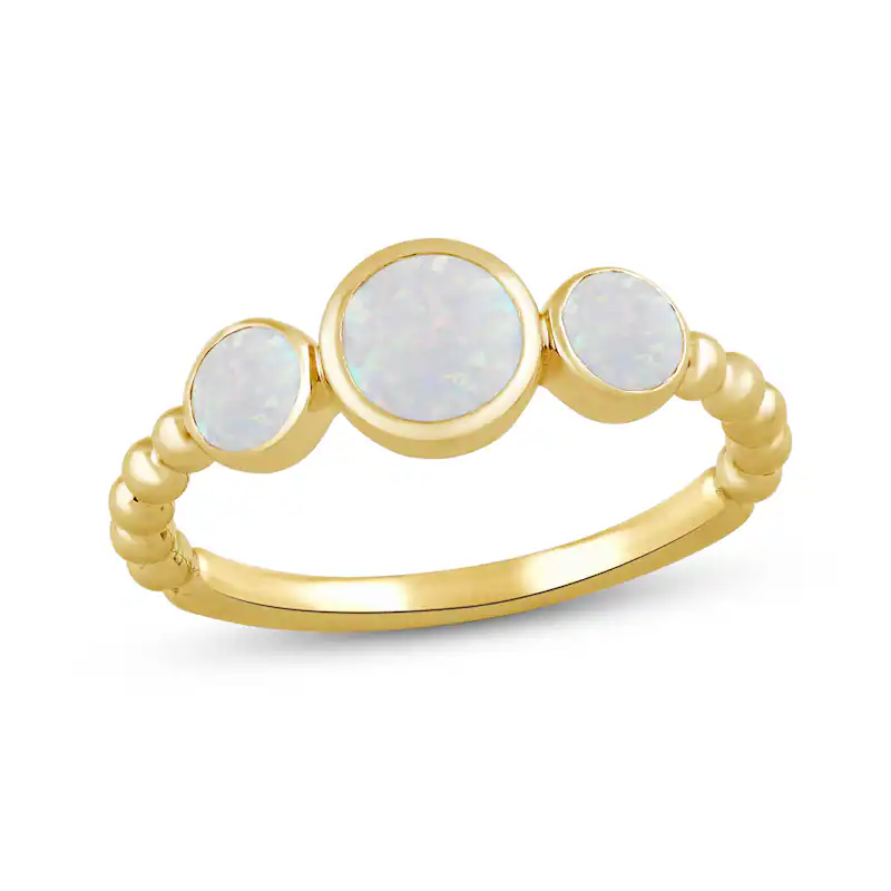 18K Gold Lab-Created Opal Bezel-Set Three Stone Bead Shank Custom Band for Women-1