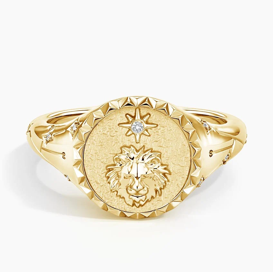 Ouro 14K com signo do zodíaco de Leão 0,02 CT.T.W. Aliança de Sinete Redonda com Diamante Natural-1