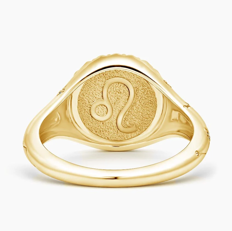 Ouro 14K com signo do zodíaco de Leão 0,02 CT.T.W. Aliança de Sinete Redonda com Diamante Natural-3
