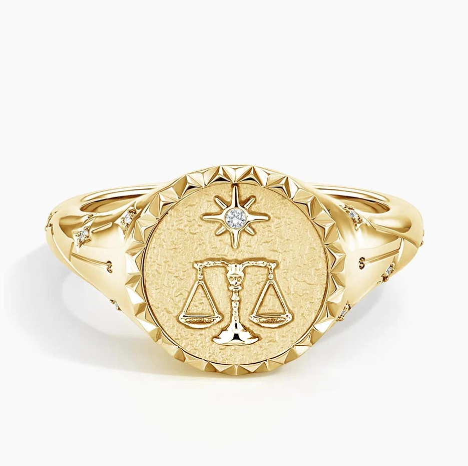 18K Gold Libra Zodiac 0.02 CT.T.W. Round Natrual Diamond Signet Band-1