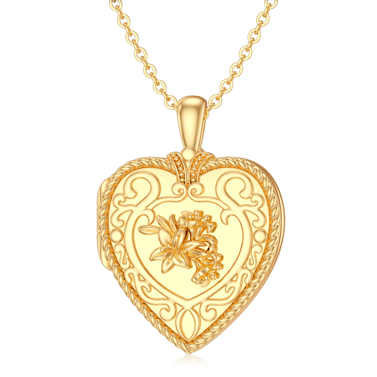 10K Gold Lily & Heart Personalized Photo Locket Necklace-1