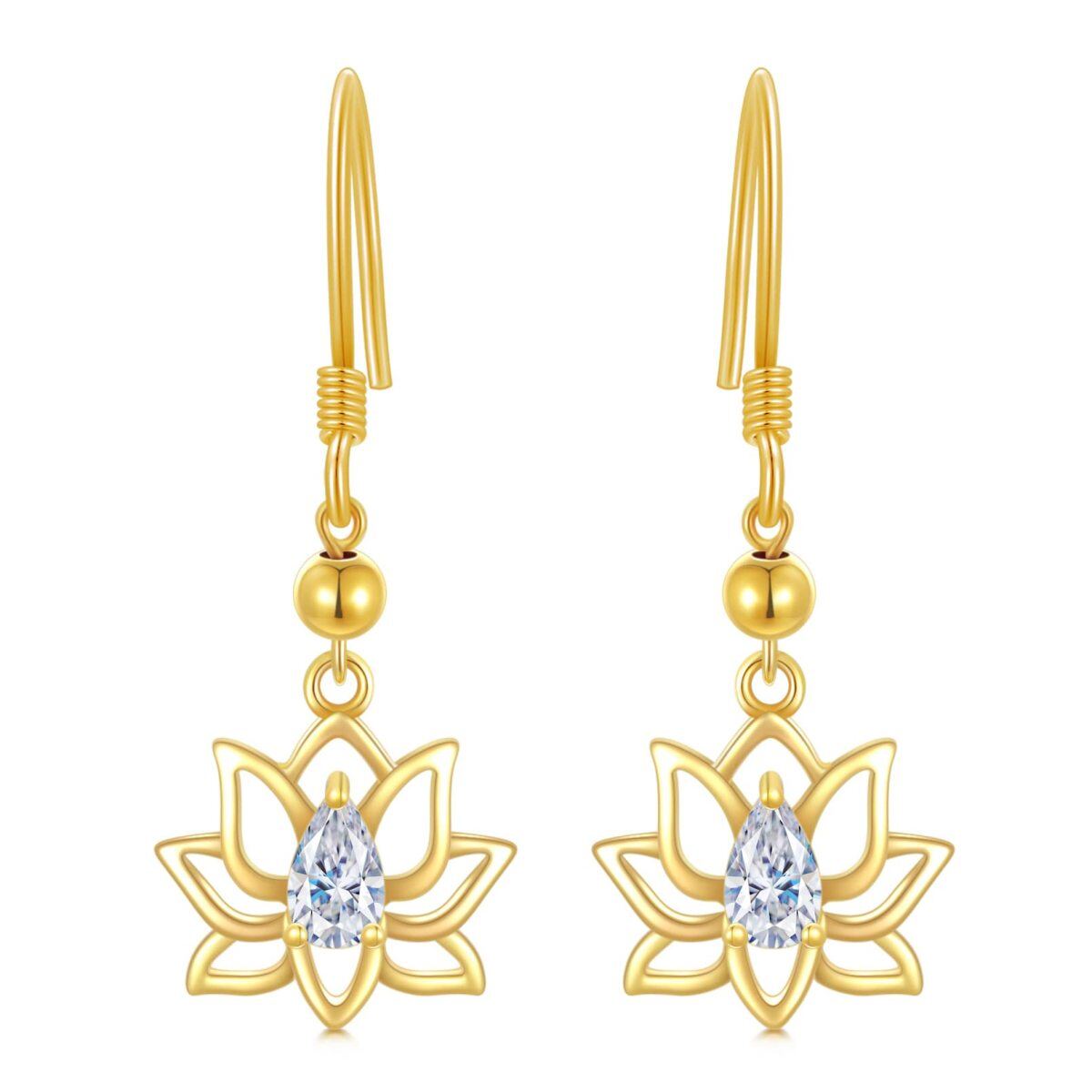 18K Gold Zircon Lotus Drop Earrings-1