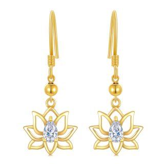 10K Gold Zircon Lotus Drop Earrings-17