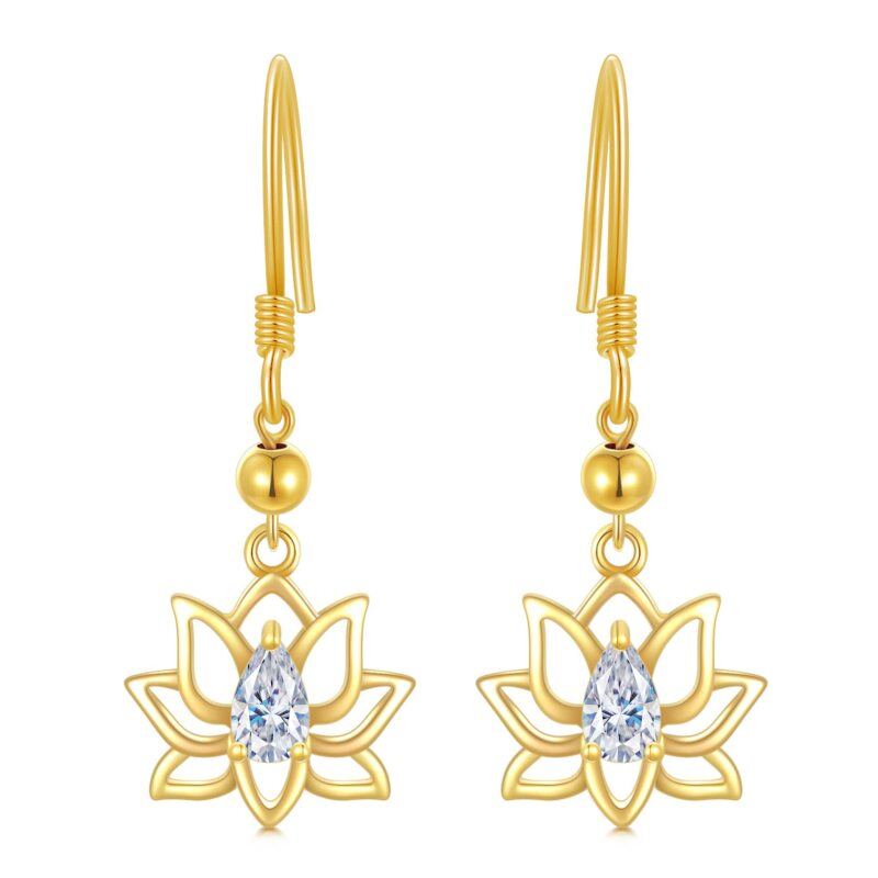 10K Gold Zircon Lotus Drop Earrings-18