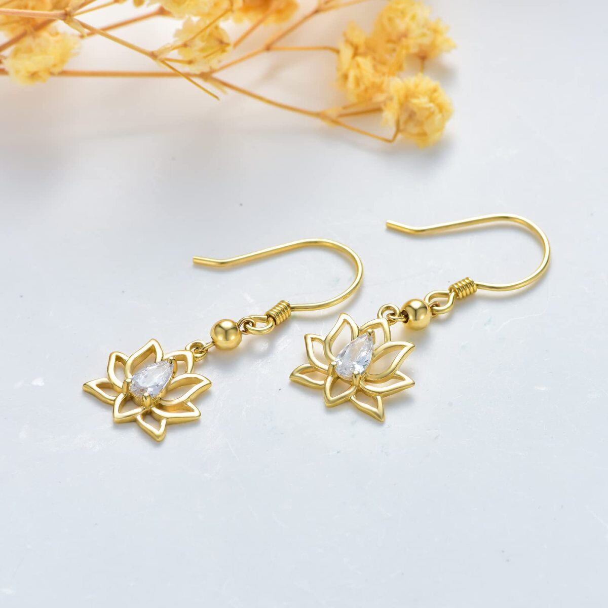 14K Gold Zircon Lotus Drop Earrings-4