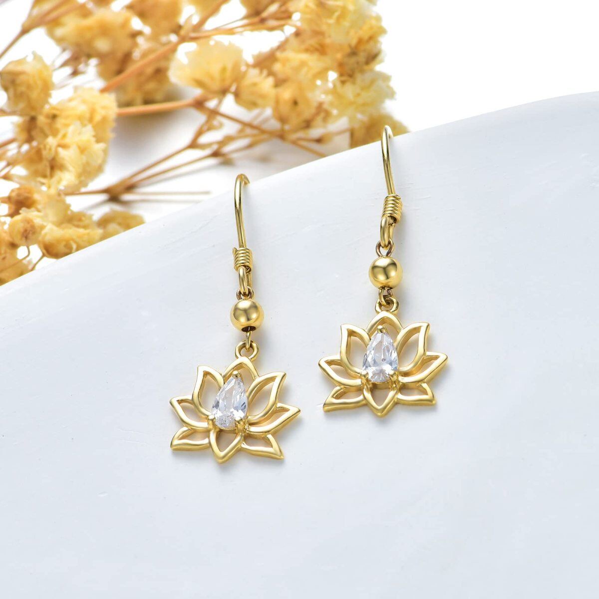 14K Gold Zircon Lotus Drop Earrings-5