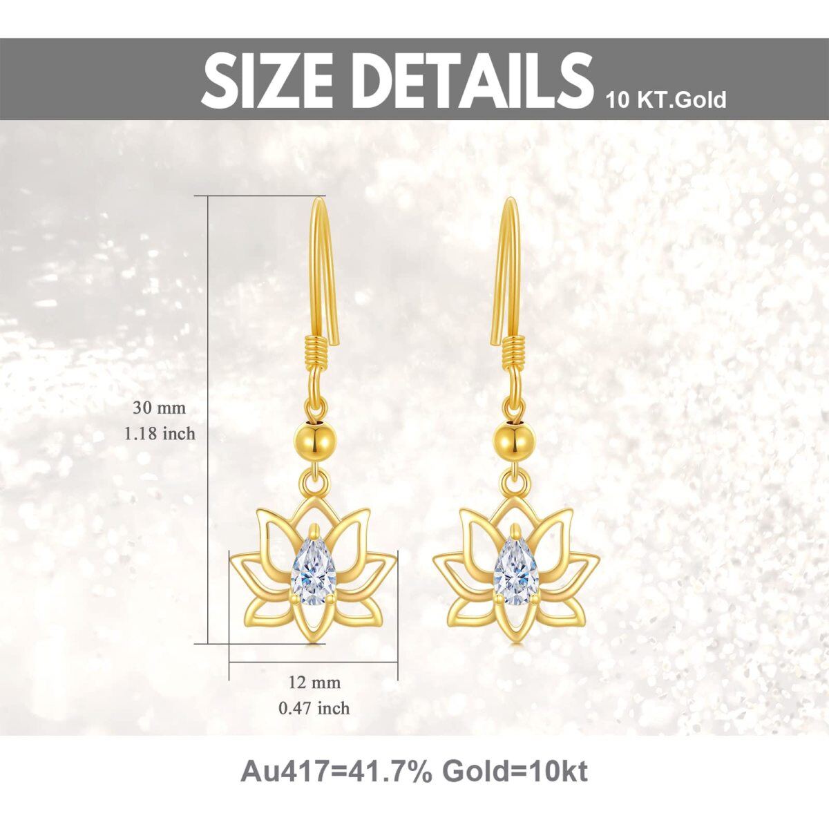 10K Gold Zircon Lotus Drop Earrings-6