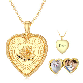 10K Gold Lotus & Heart Personalized Photo Locket Necklace-3