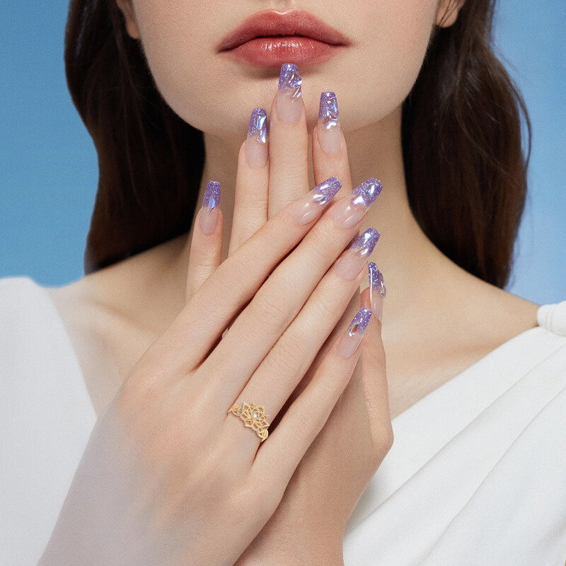 خاتم لوتس من الذهب عيار 10K ومزود بزيركونيا مكعبة-2