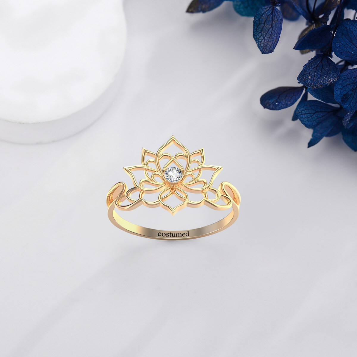 Anel Lotus com zircónias cúbicas em ouro 10K-3
