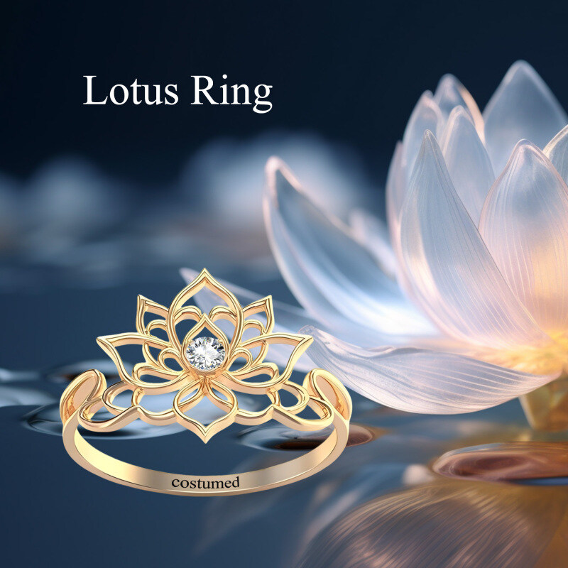 خاتم لوتس من الذهب عيار 10K ومزود بزيركونيا مكعبة-4