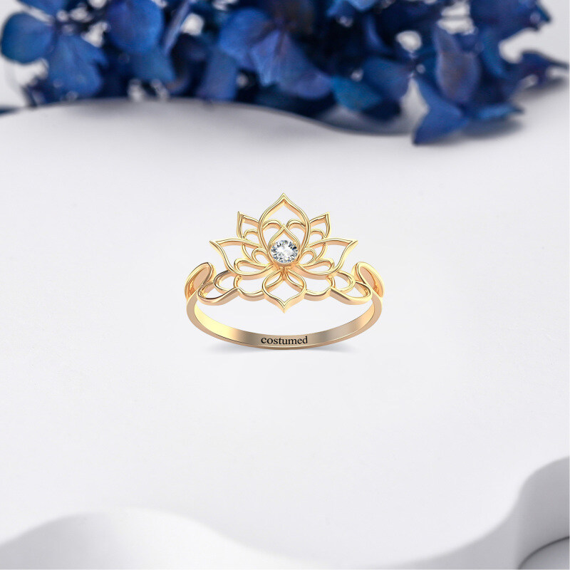 خاتم لوتس من الذهب عيار 10K ومزود بزيركونيا مكعبة-5