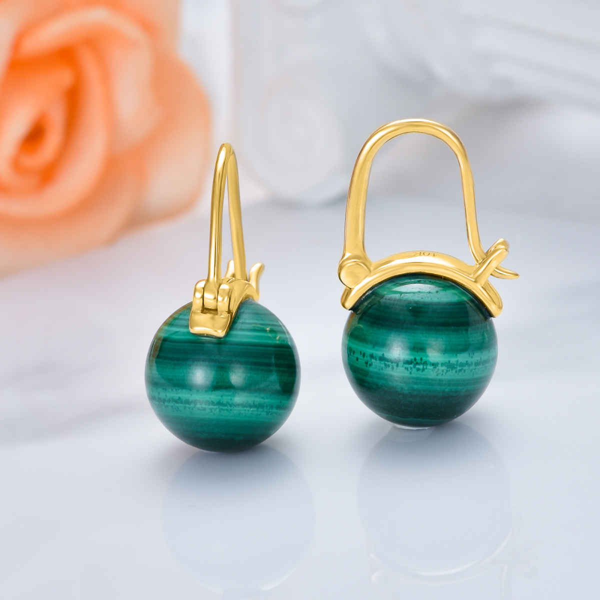 14K Gold Malachite Bead Drop Earrings-3