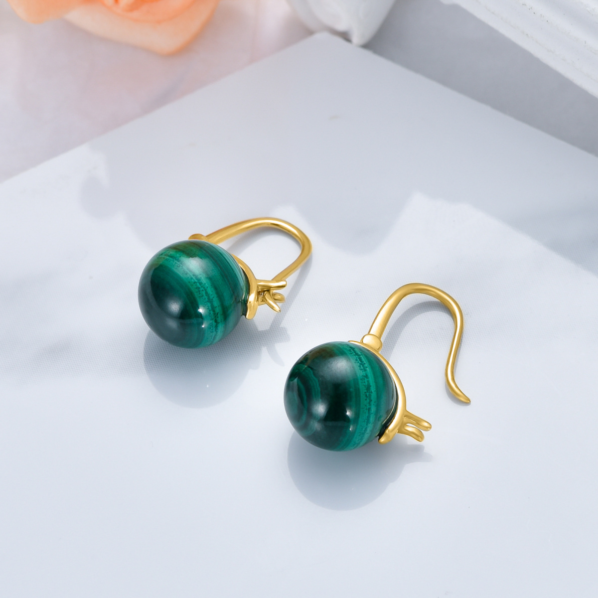 10K Gold Malachite Bead Drop Earrings-4