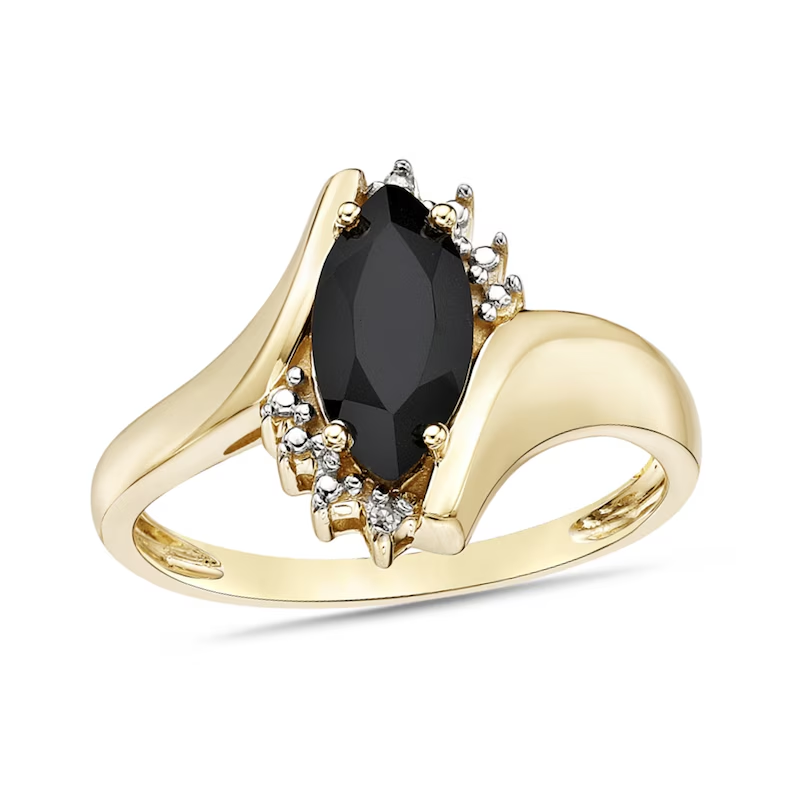 Bague personnalisée en or 10 carats avec onyx noir et diamants, bordure en étoile perlée-1