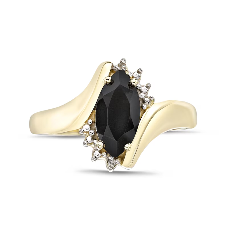 Bague personnalisée en or 10 carats avec onyx noir et diamants, bordure en étoile perlée-4