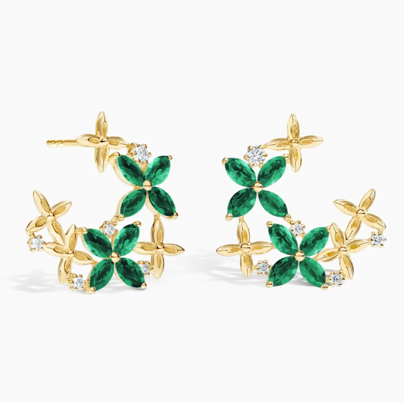 10K Gold Marquise Cut Emerald Floral Lattice Diamond Hoop Earrings-5