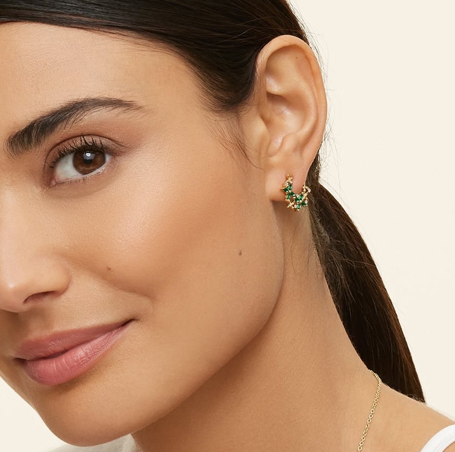 10K Rose Gold Marquise Cut Emerald Floral Lattice Diamond Hoop Earrings-2