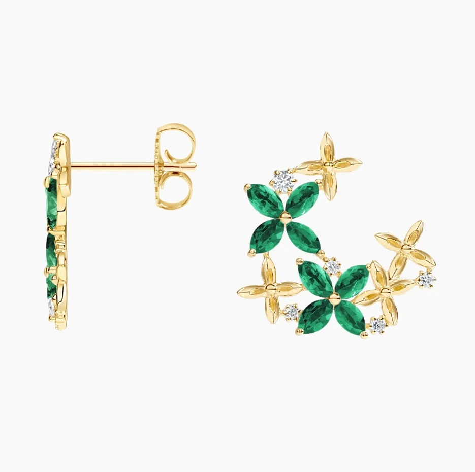 10K Rose Gold Marquise Cut Emerald Floral Lattice Diamond Hoop Earrings-3