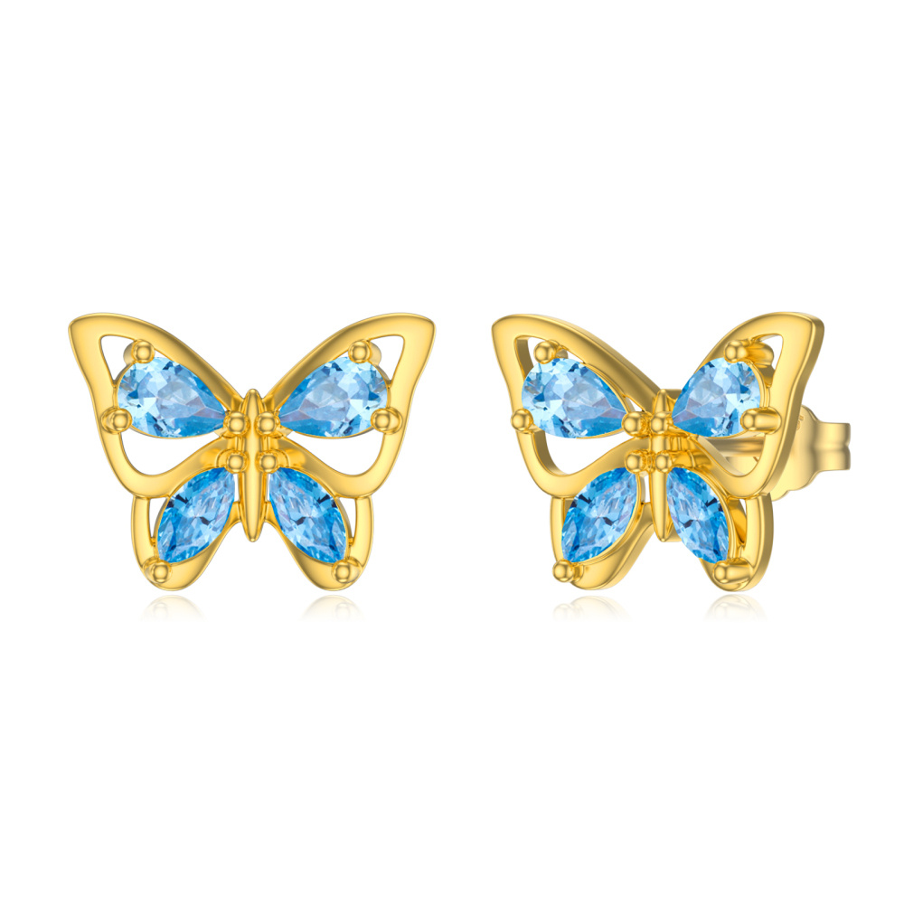 14K Gold Marquise Shaped Cubic Zirconia Butterfly Stud Earrings-1