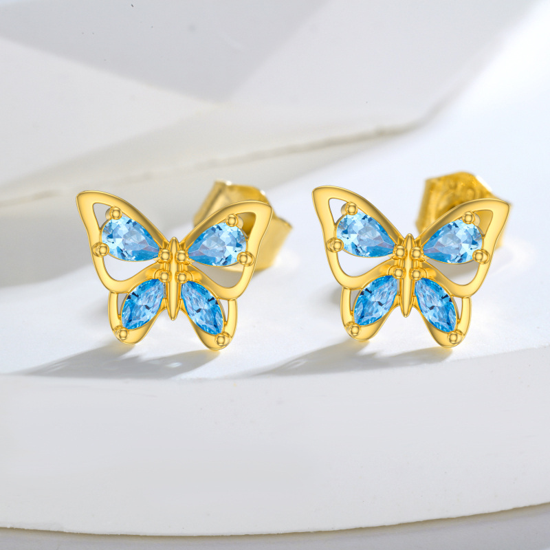 14K Gold Marquise Shaped Cubic Zirconia Butterfly Stud Earrings-3
