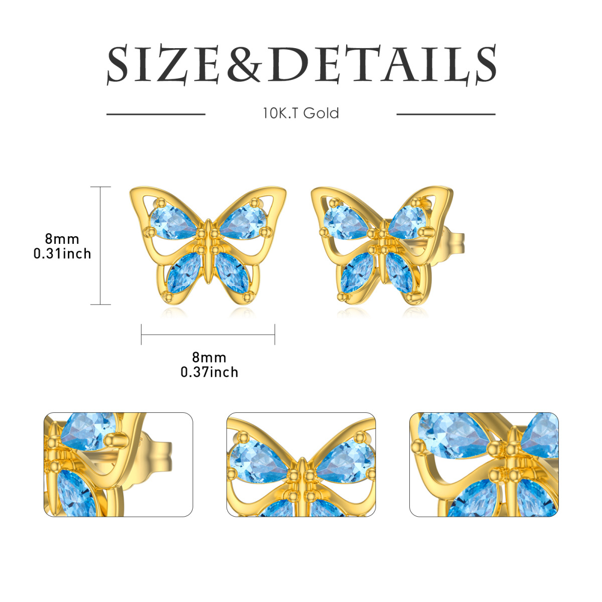 10K Gold Marquise Shaped Cubic Zirconia Butterfly Stud Earrings-5