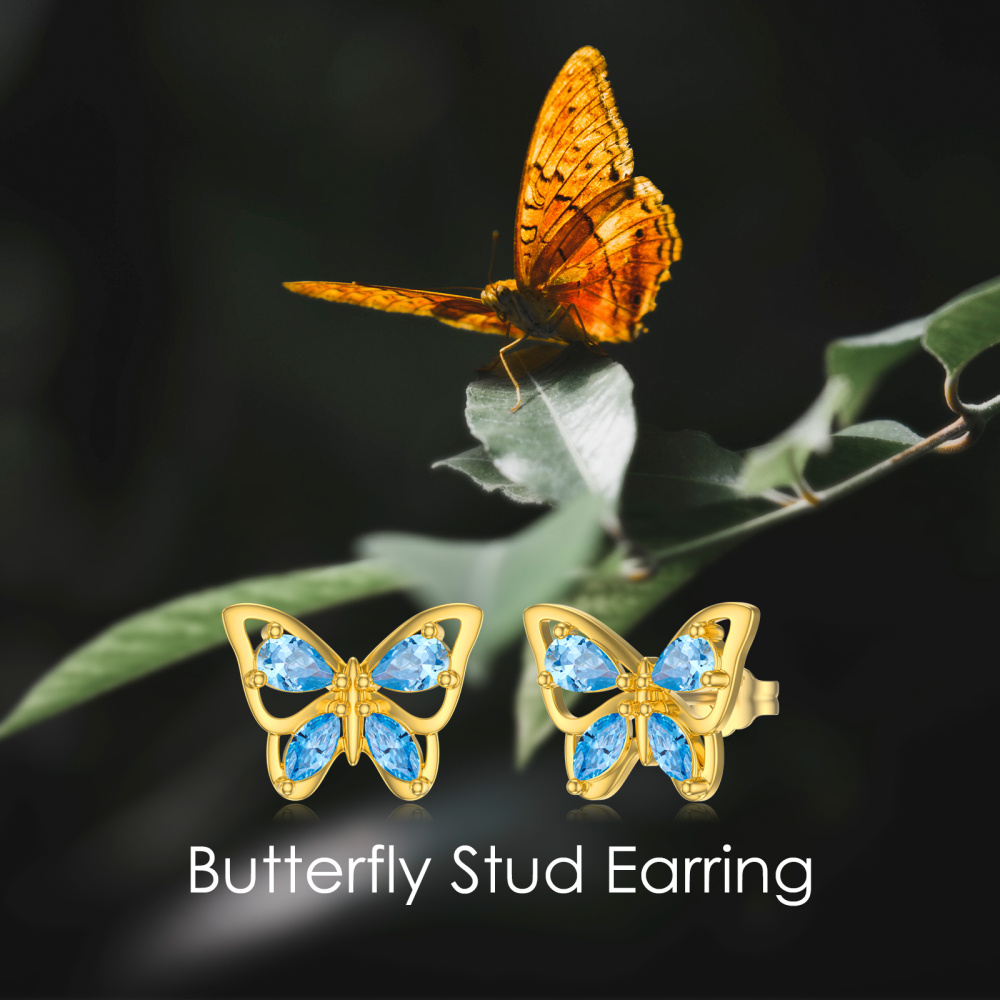 14K Gold Marquise Shaped Cubic Zirconia Butterfly Stud Earrings-6