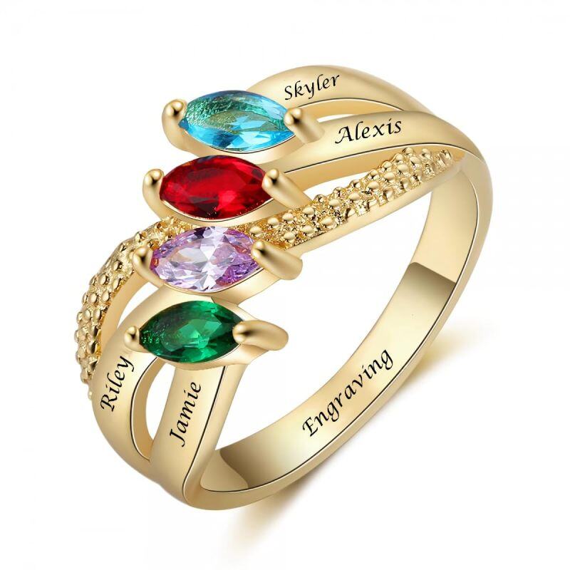 10K Gold Marquise Shaped Cubic Zirconia Personalized Name Birthstone Ring-14