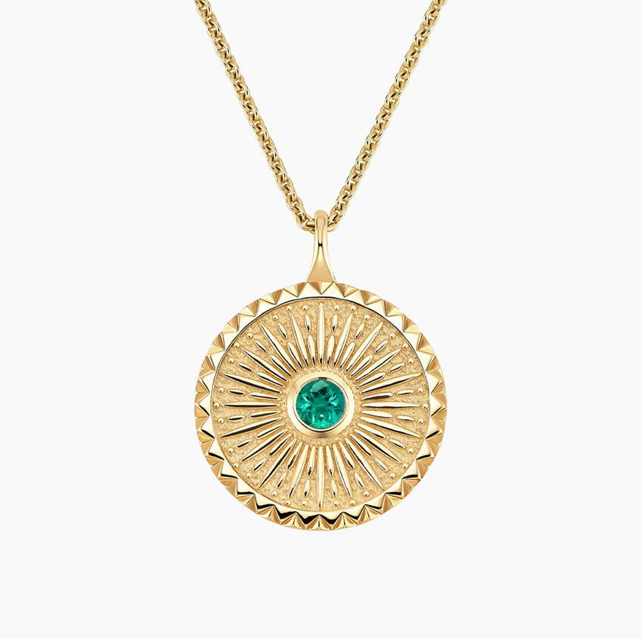 10K Gold 4 mm Round Emerald Sun Medallion Necklace-1