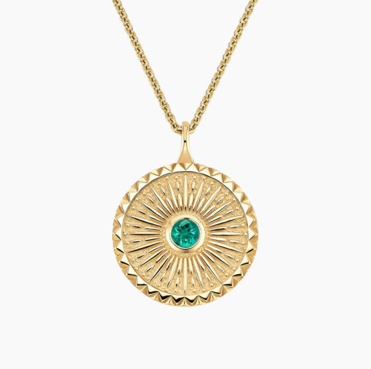 10K Gold 4 mm Round Emerald Sun Medallion Necklace