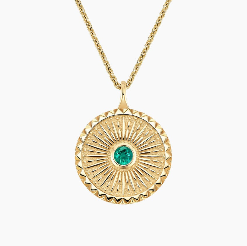 10K Gold 4 mm Round Emerald Sun Medallion Necklace-3