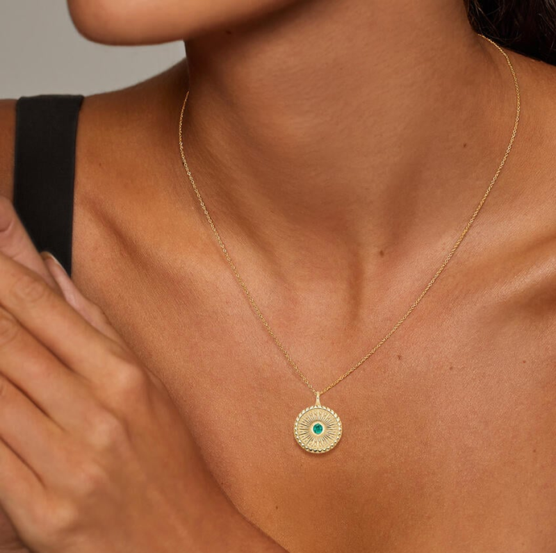 10K Gold 4 mm Round Emerald Sun Medallion Necklace-2