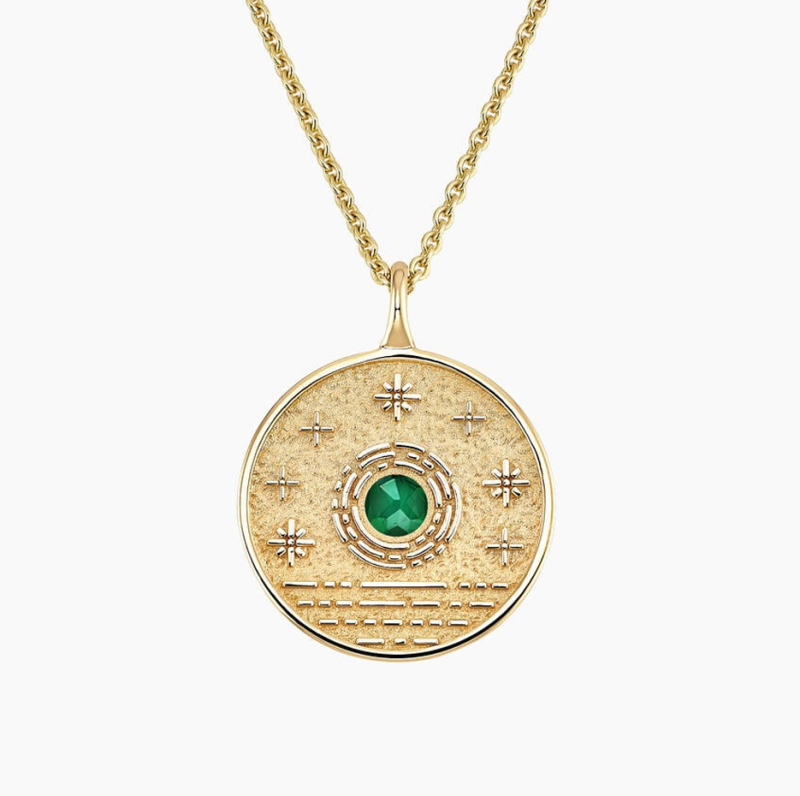 10K Gold 4 mm Round Emerald Sun Medallion Necklace-3