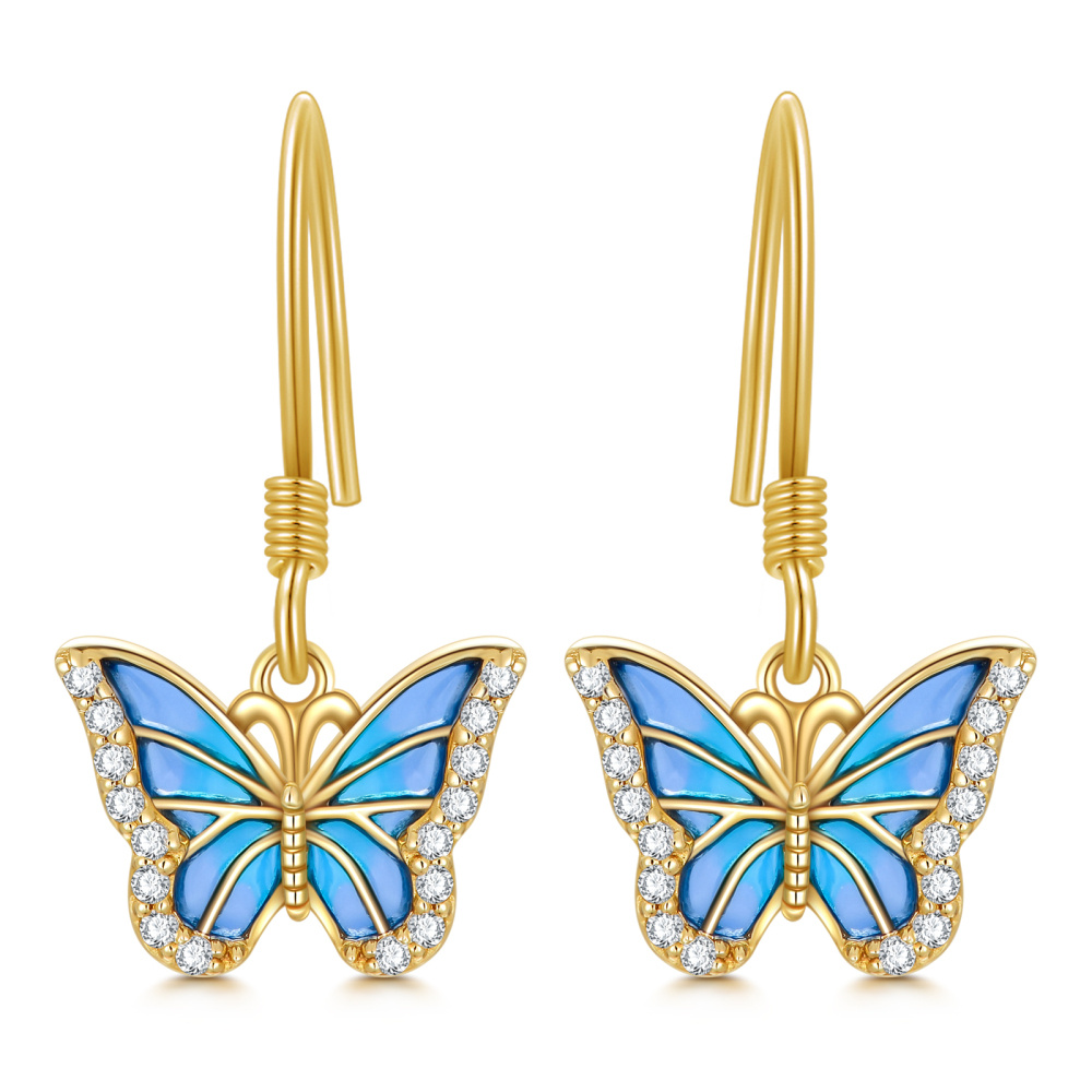 10K Gold Moissanite Butterfly Drop Earrings-1