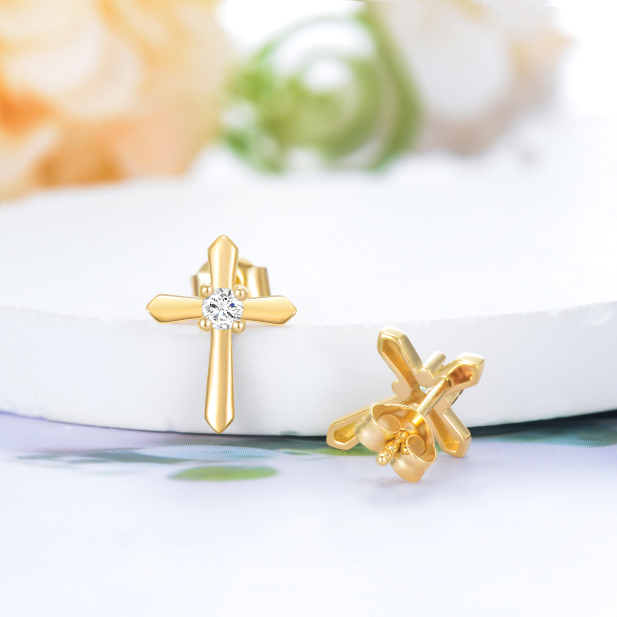 14K Gold Moissanite Cross Stud Earrings-4