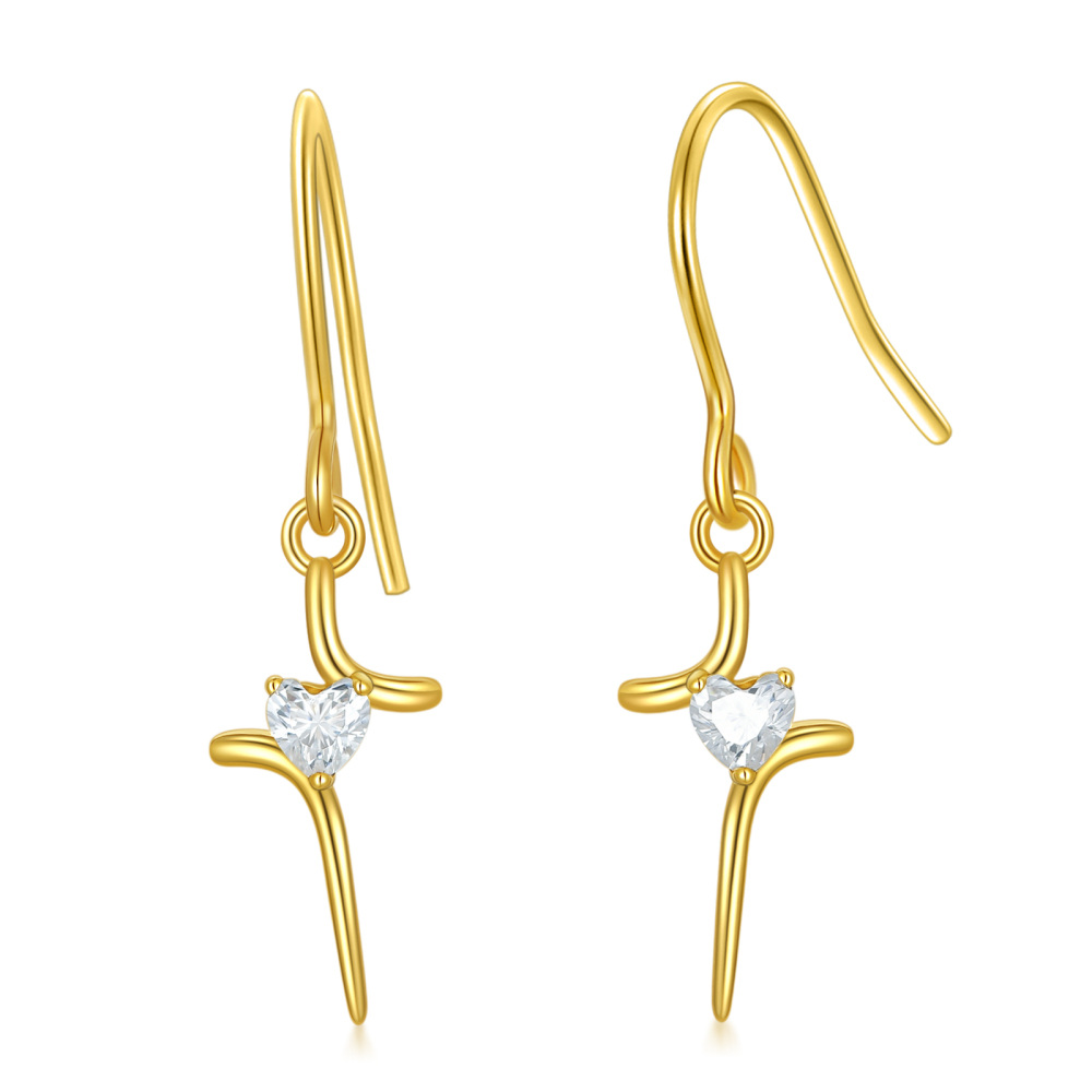 10K Gold Cubic Zirconia Cross Drop Earrings-1