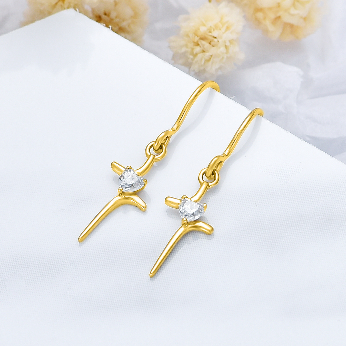 18K Gold Cubic Zirconia Cross Drop Earrings-2