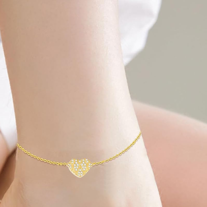 Tobillera con dije de corazón de moissanita de oro de 10 quilates de una sola capa-2
