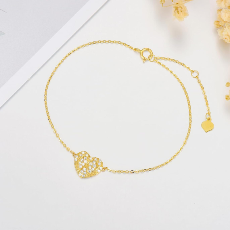 Tobillera de oro de 10 quilates con dije de corazón de moissanita de una sola capa-3