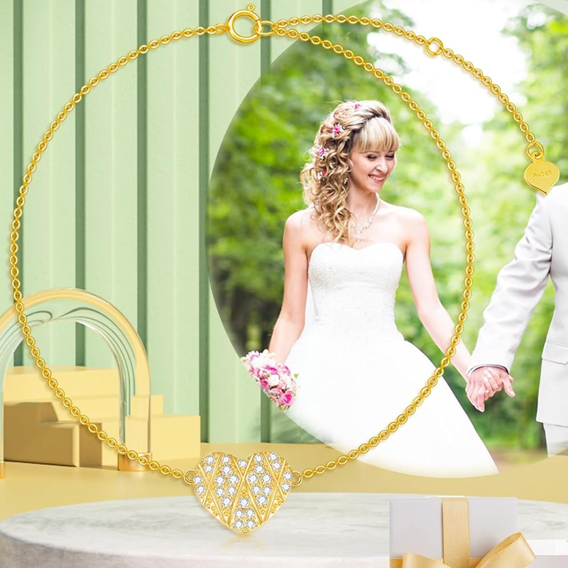 Tobillera con dije de corazón de moissanita de oro de 10 quilates de una sola capa-4